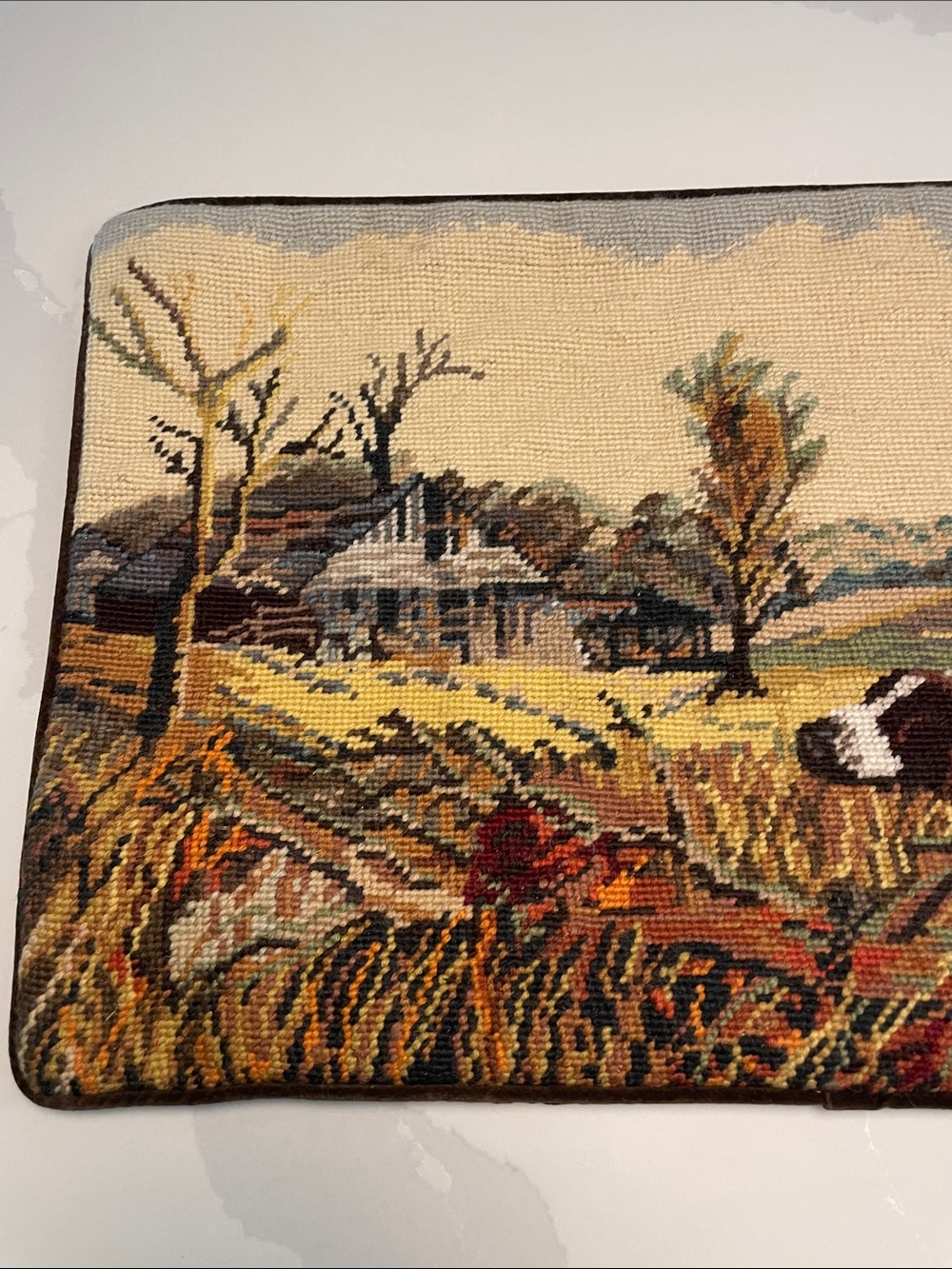 Needlepoint Hunting Scene Pillow Cover — Dogs in Field, Tan & Brown - Picture 3 of 9